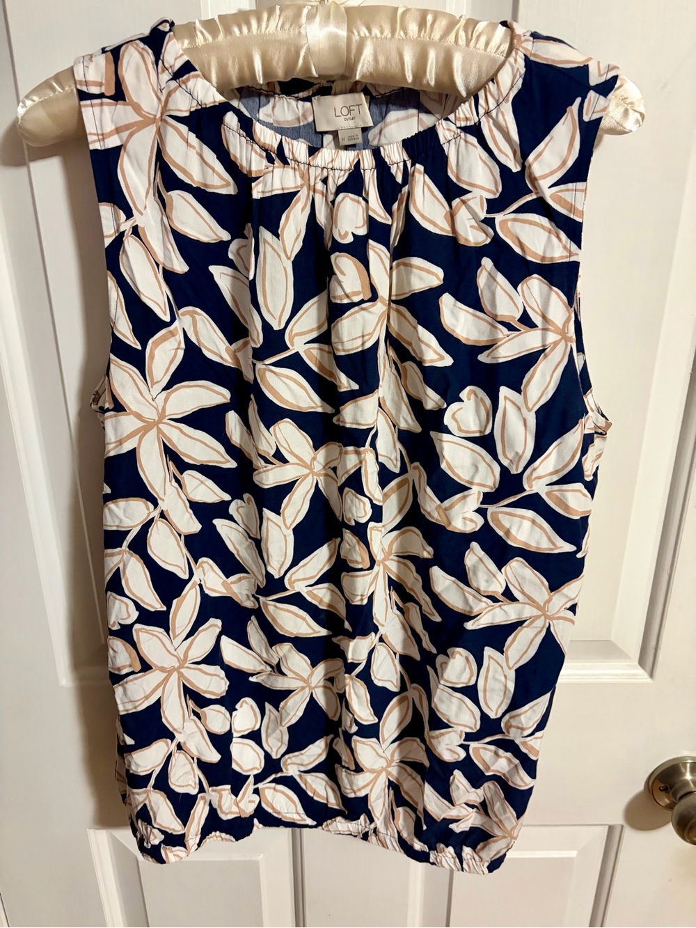LOFT Navy Floral Sleeveless Blouse with Cream & Tan Leaves